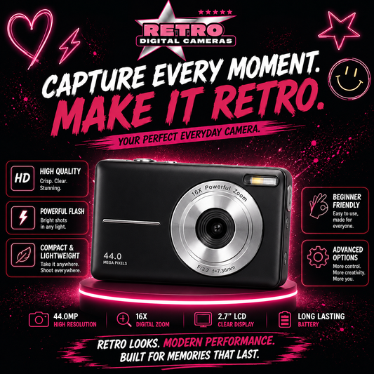 Retro Digital Camera 44MP 1080P HD – Vintage Compact Camera with 16X Zoom, Anti-Shake & Filters | Lightweight Point & Shoot Camera